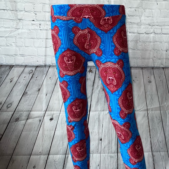 LuLaRoe Pants - LulaRoe Maroon & Blue Bear Leggings size One Size Fits All (OS)